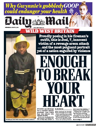 Daily Mail Newspaper Front Page for 10 August 2018