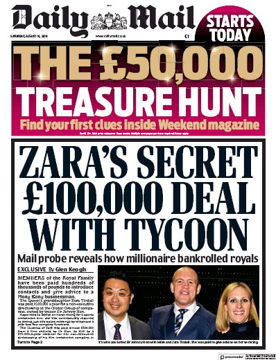 Daily Mail Newspaper Front Page for 10 August 2019