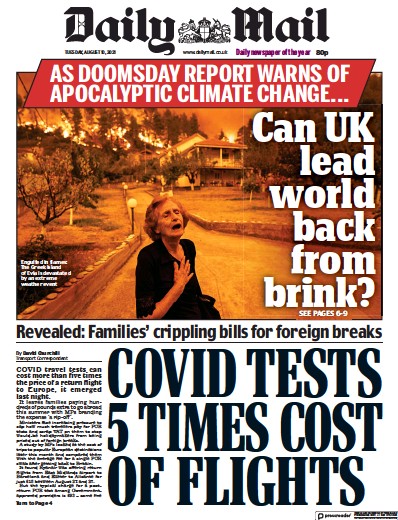 Daily Mail (UK) Newspaper Front Page for 10 August 2021