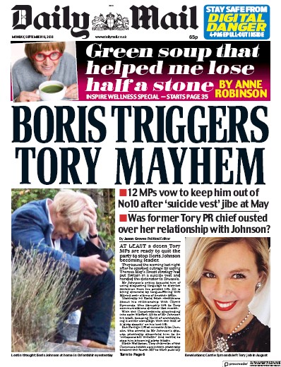 Daily Mail Newspaper Front Page for 10 September 2018