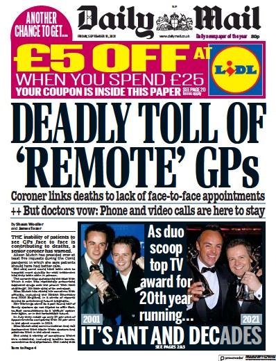 Daily Mail (UK) Newspaper Front Page for 10 September 2021