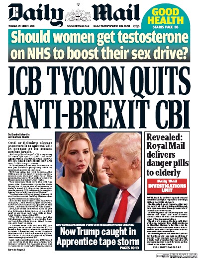 Daily Mail Newspaper Front Page for 11 October 2016