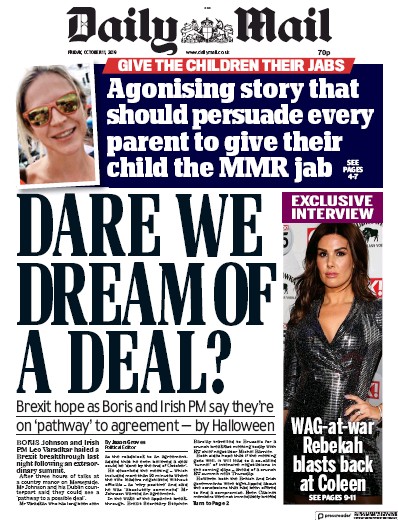 Daily Mail (UK) Newspaper Front Page for 11 October 2019