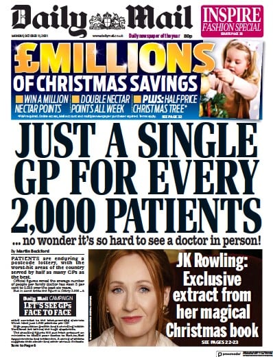 Daily Mail (UK) Newspaper Front Page for 11 October 2021