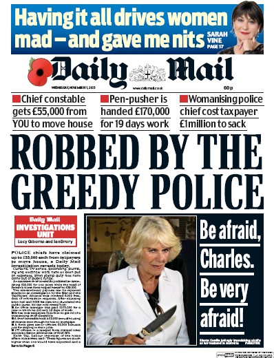 Daily Mail Newspaper Front Page for 11 November 2015