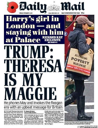 Daily Mail Newspaper Front Page for 11 November 2016
