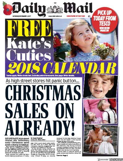 Daily Mail Newspaper Front Page for 11 November 2017