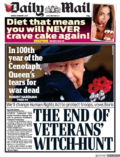 Daily Mail Newspaper Front Page for 11 November 2019