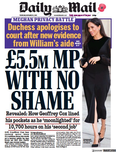 Daily Mail (UK) Newspaper Front Page for 11 November 2021