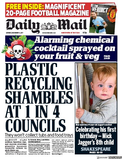 Daily Mail Newspaper Front Page for 11 December 2017