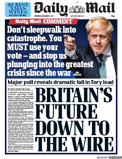 Daily Mail (UK) Newspaper Front Page for 11 December 2019