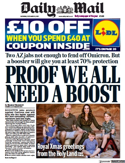 Daily Mail (UK) Newspaper Front Page for 11 December 2021