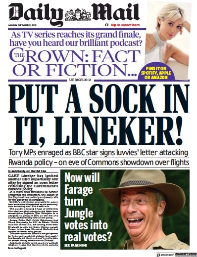 Daily Mail (UK) Newspaper Front Page for 11 December 2023
