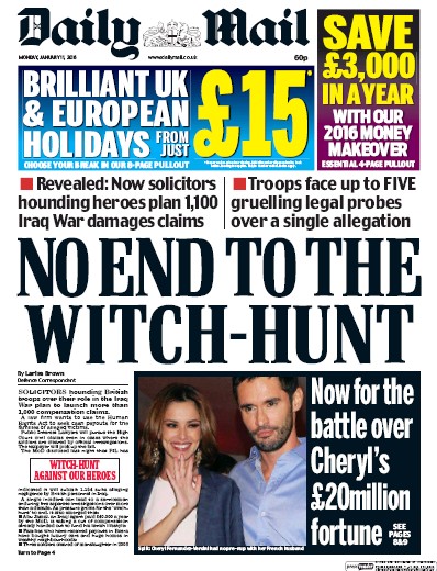 Daily Mail Newspaper Front Page for 11 January 2016