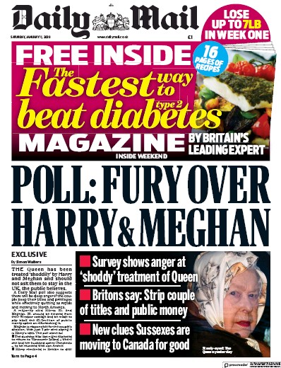 Daily Mail (UK) Newspaper Front Page for 11 January 2020