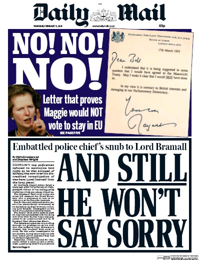Daily Mail Newspaper Front Page for 11 February 2016