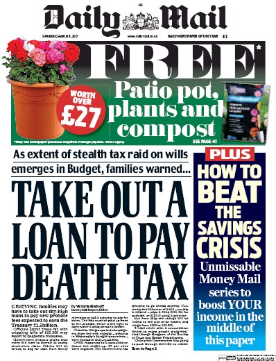 Daily Mail (UK) Newspaper Front Page for 11 March 2017