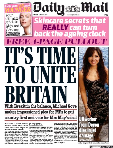 Daily Mail Newspaper Front Page for 11 March 2019