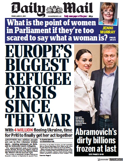 Daily Mail Newspaper Front Page for 11 March 2022