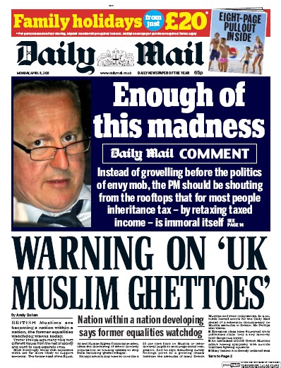Daily Mail Newspaper Front Page for 11 April 2016