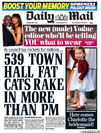 Daily Mail Newspaper Front Page for 11 April 2017