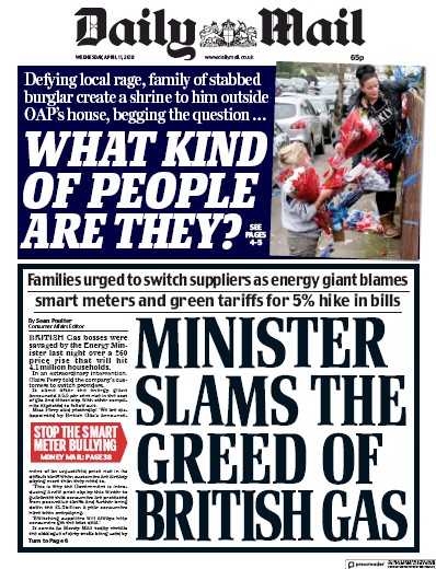 Daily Mail Newspaper Front Page for 11 April 2018