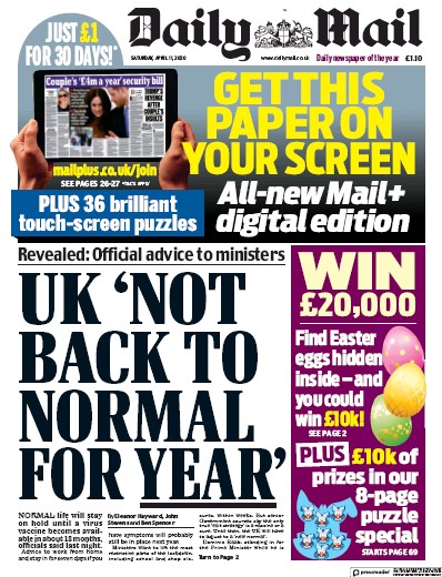 Daily Mail (UK) Newspaper Front Page for 11 April 2020