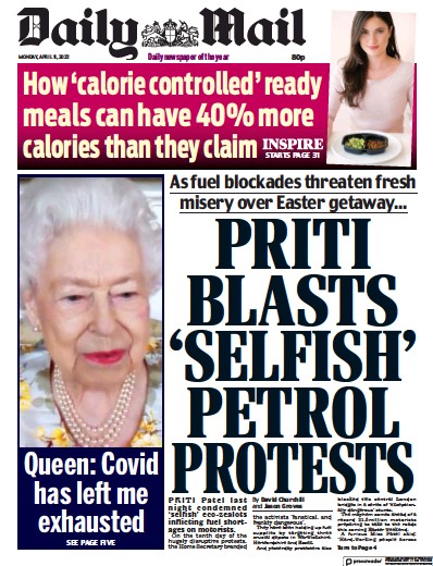 Daily Mail Newspaper Front Page for 11 April 2022