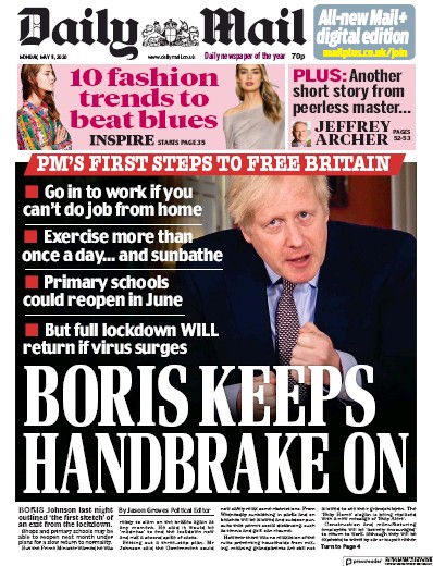 Daily Mail Newspaper Front Page for 11 May 2020