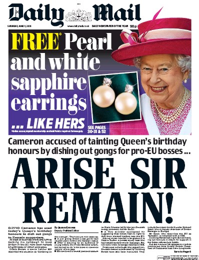 Daily Mail Newspaper Front Page for 11 June 2016