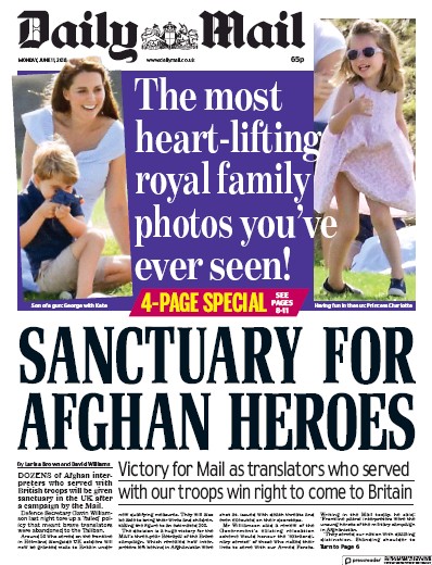 Daily Mail Newspaper Front Page for 11 June 2018