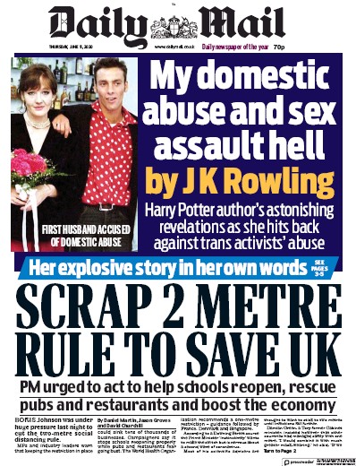 Daily Mail Newspaper Front Page for 11 June 2020