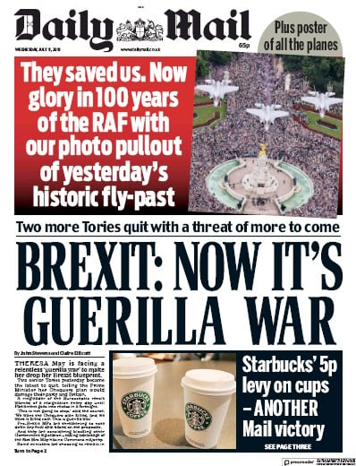 Daily Mail Newspaper Front Page for 11 July 2018