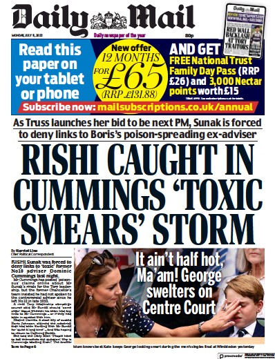 Daily Mail Newspaper Front Page for 11 July 2022