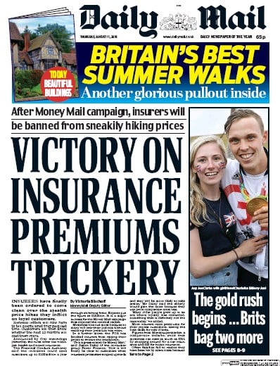 Daily Mail Newspaper Front Page for 11 August 2016