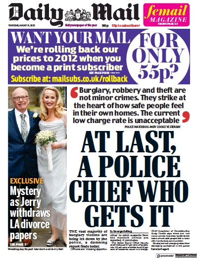 Daily Mail (UK) Newspaper Front Page for 11 August 2022