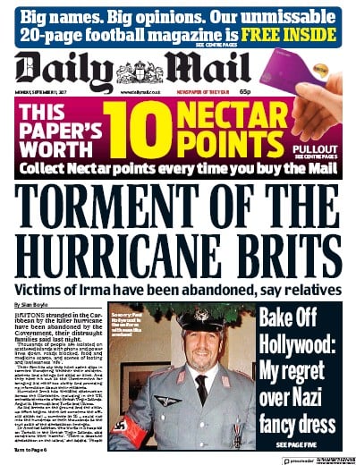 Daily Mail Newspaper Front Page for 11 September 2017