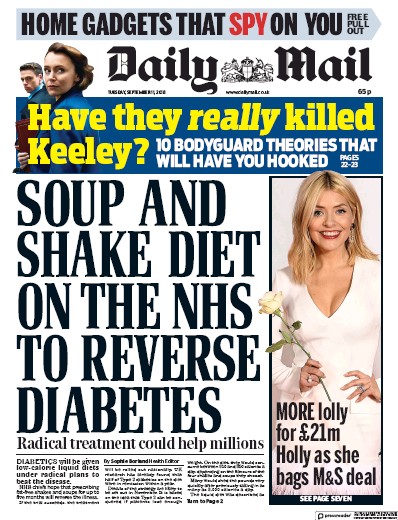 Daily Mail Newspaper Front Page for 11 September 2018
