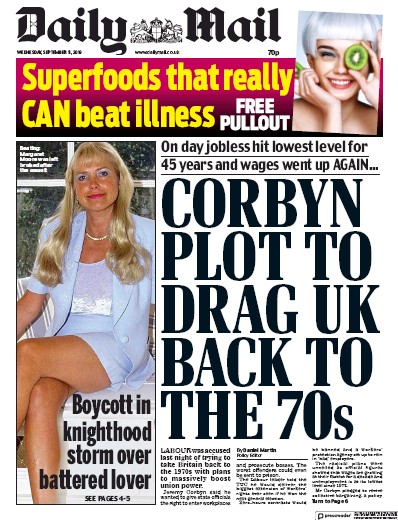 Daily Mail (UK) Newspaper Front Page for 11 September 2019