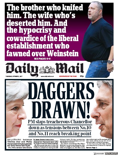 Daily Mail Newspaper Front Page for 12 October 2017