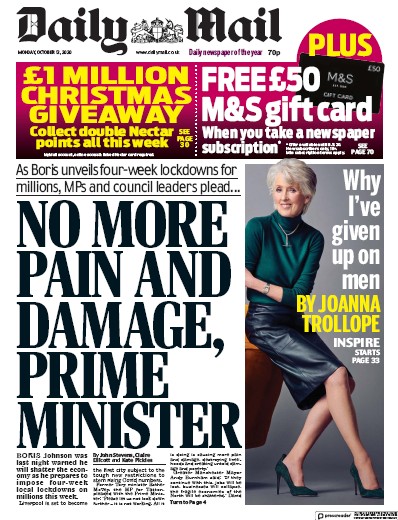 Daily Mail (UK) Newspaper Front Page for 12 October 2020