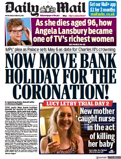 Daily Mail (UK) Newspaper Front Page for 12 October 2022
