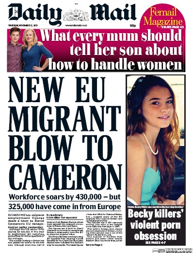 Daily Mail Newspaper Front Page for 12 November 2015