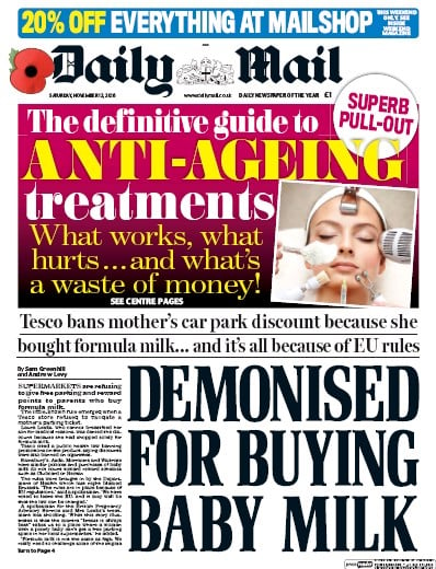 Daily Mail Newspaper Front Page for 12 November 2016
