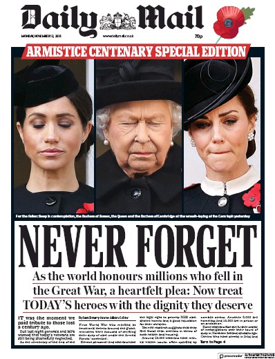 Daily Mail Newspaper Front Page for 12 November 2018