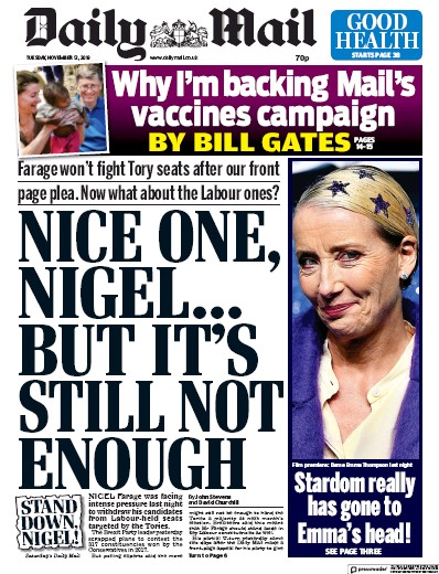 Daily Mail Newspaper Front Page for 12 November 2019