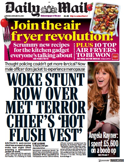 Daily Mail (UK) Newspaper Front Page for 12 November 2022