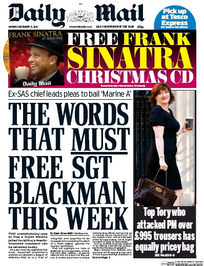 Daily Mail (UK) Newspaper Front Page for 12 December 2016