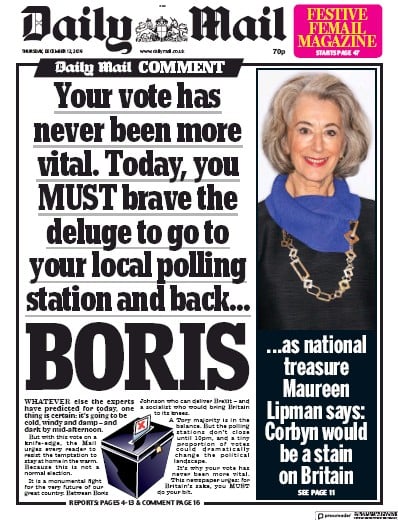 Daily Mail Newspaper Front Page for 12 December 2019