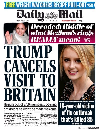 Daily Mail Newspaper Front Page for 12 January 2018